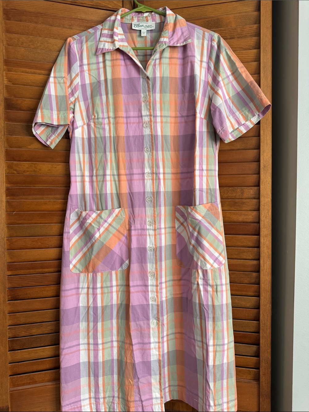 Ellen Orton Pastel Plaid Button-Front Cotton Dress in Lavender Peach & sage